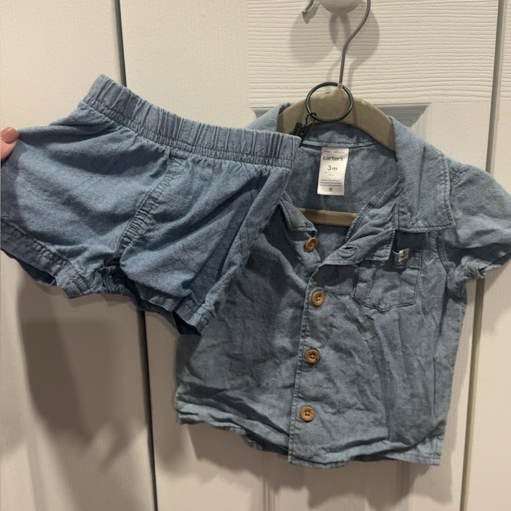 Carter's Light Blue Denim-Look Baby Shirt and Shorts Set
